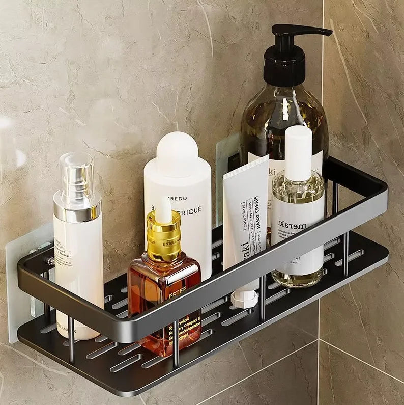 Adhesive bathroom shelf